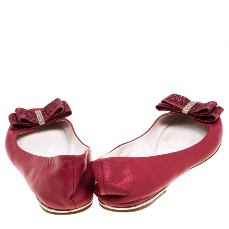Pre Owned CH Carolina Herrera Red Leather Bow Ballet Flats Size 39