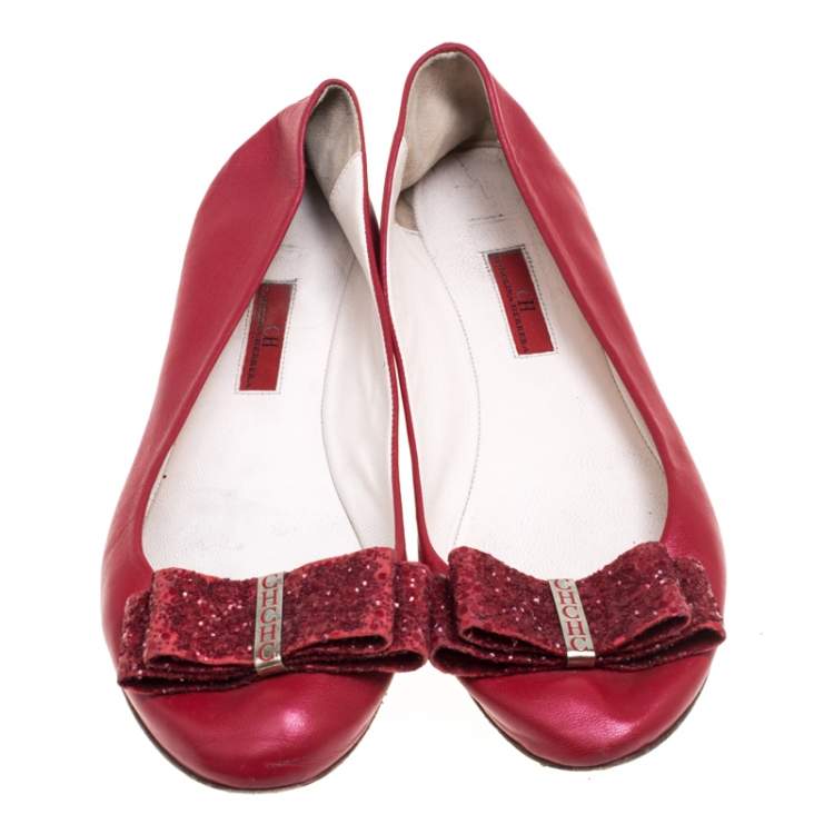 Pre Owned CH Carolina Herrera Red Leather Bow Ballet Flats Size 39