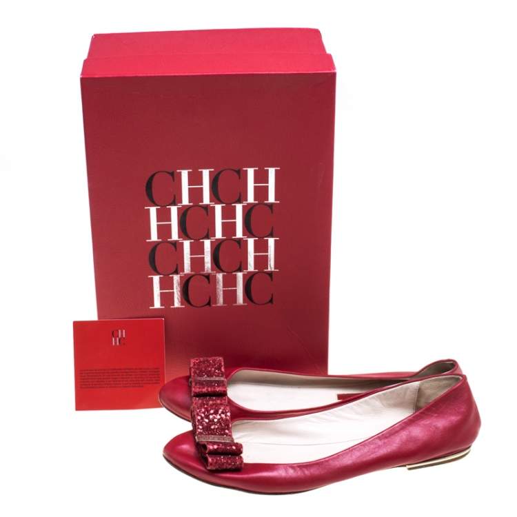 Pre Owned CH Carolina Herrera Red Leather Bow Ballet Flats Size 39
