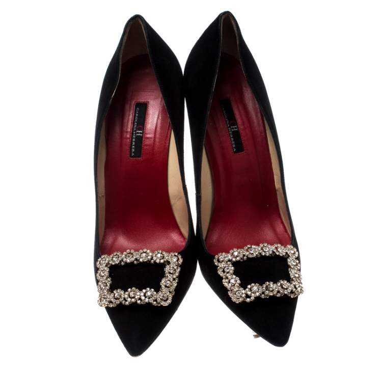 Pre Owned Carolina Herrera Black Suede Crystal Embellished Pointed Toe Pumps Size 40