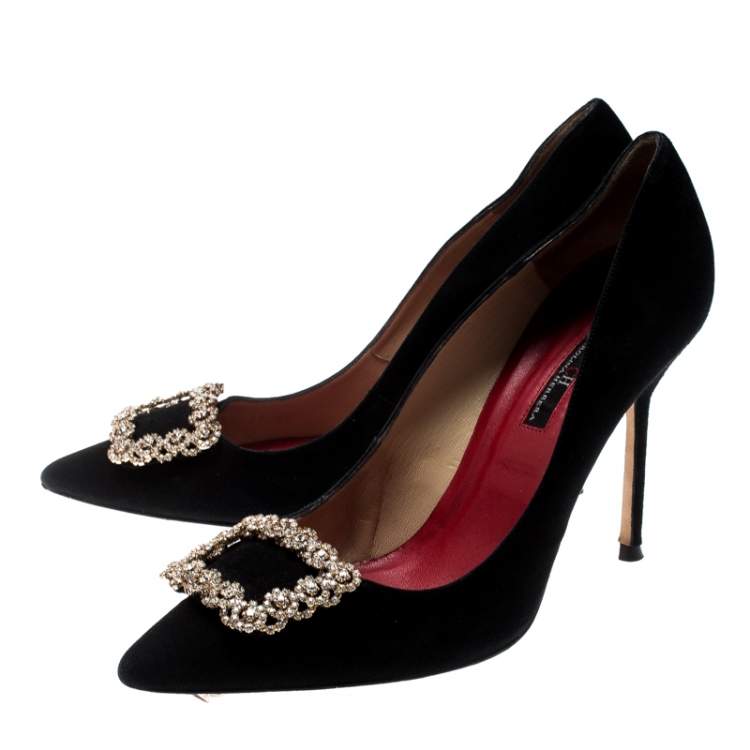 Pre Owned Carolina Herrera Black Suede Crystal Embellished Pointed Toe Pumps Size 40
