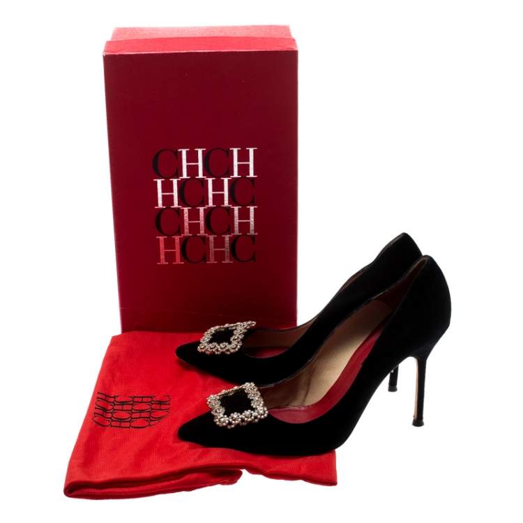 Pre Owned Carolina Herrera Black Suede Crystal Embellished Pointed Toe Pumps Size 40
