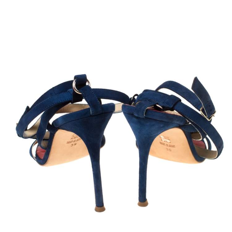 Pre Owned Carolina Herrera Navy Blue Strappy Suede Ankle Wrap Sandals Size 39