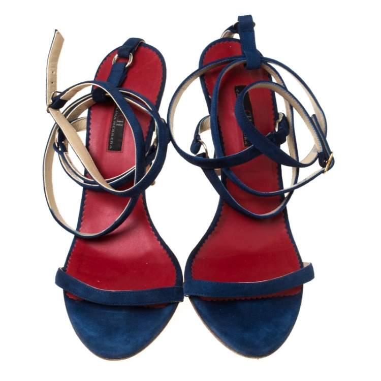 Pre Owned Carolina Herrera Navy Blue Strappy Suede Ankle Wrap Sandals Size 39