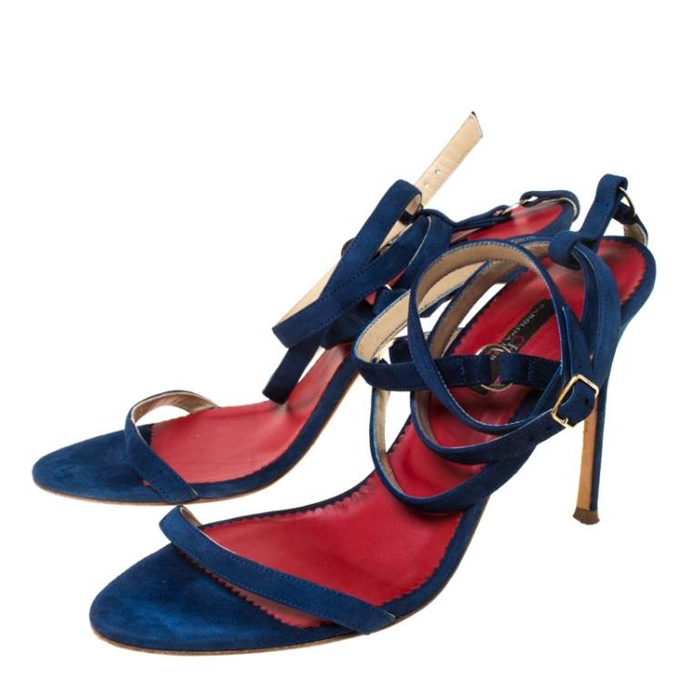 Pre Owned Carolina Herrera Navy Blue Strappy Suede Ankle Wrap Sandals Size 39