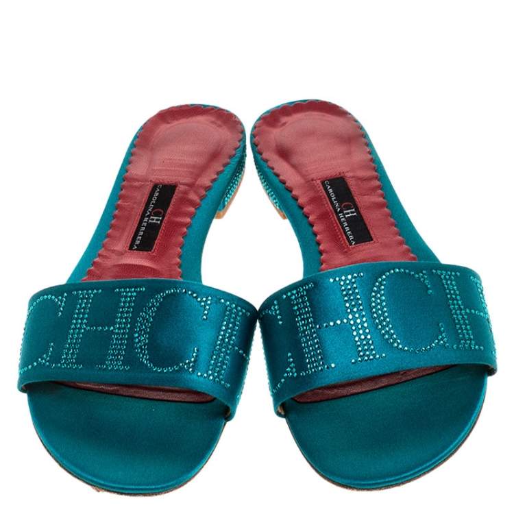 Pre Owned  Carolina Herrera Teal Satin Logo Embellished Flat Slides Size 37