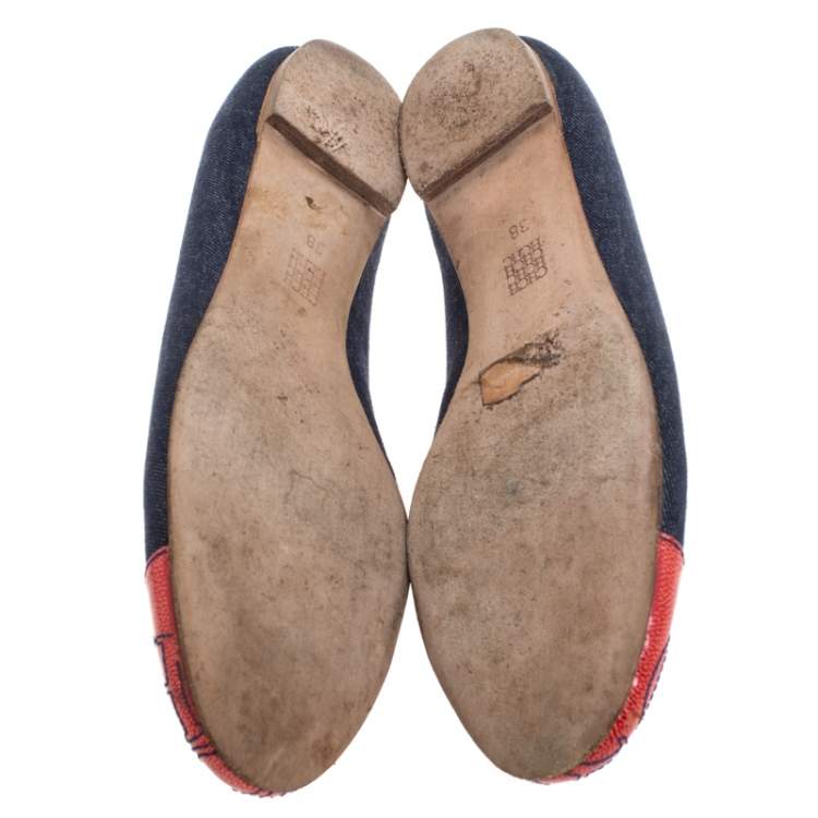 Pre Owned Carolina Herrera Blue Denim And Orange Patent Leather Logo Cap Toe Ballet Flats Size 38