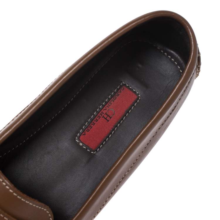 Pre Owned Carolina Herrera Brown Leather Chain Detail Loafers Size 37