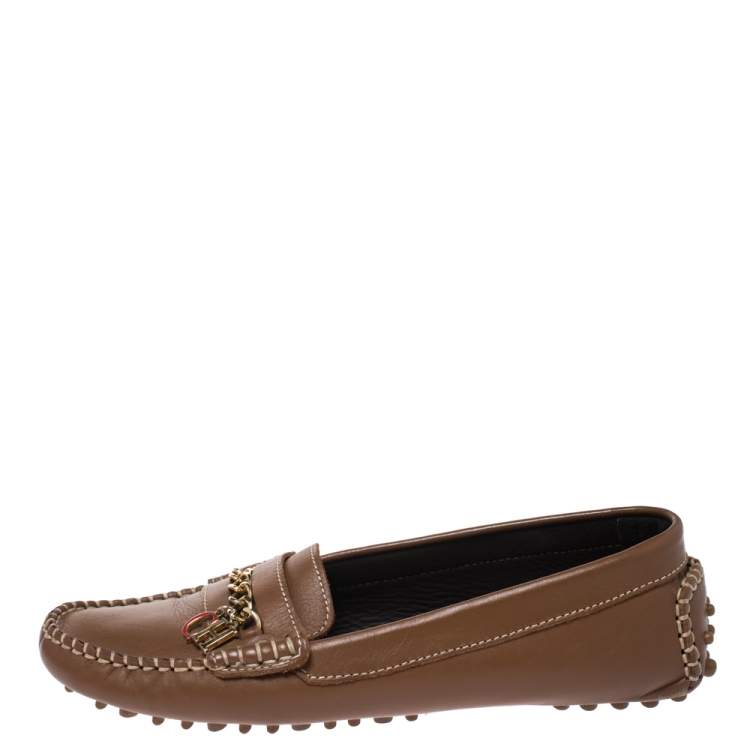 Pre Owned Carolina Herrera Brown Leather Chain Detail Loafers Size 37