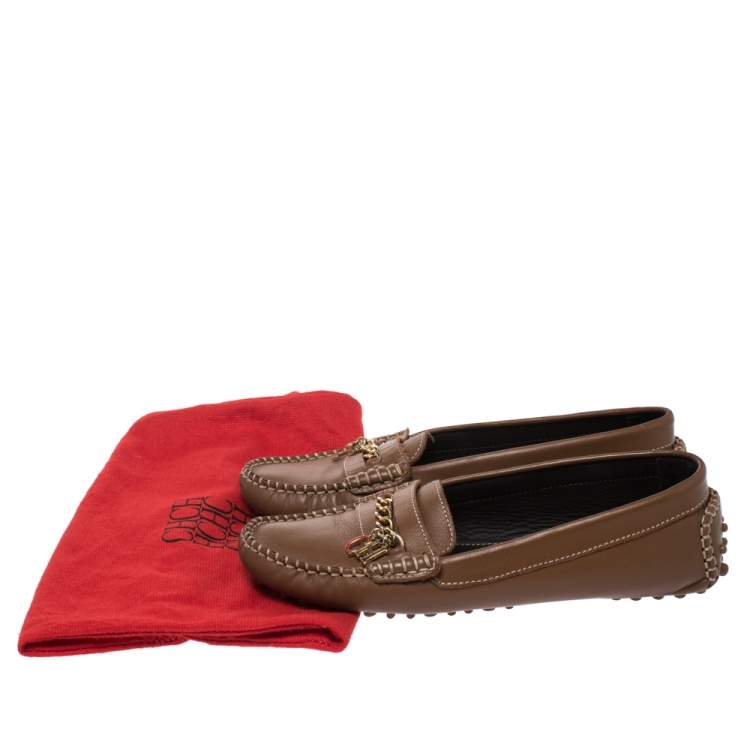 Pre Owned Carolina Herrera Brown Leather Chain Detail Loafers Size 37