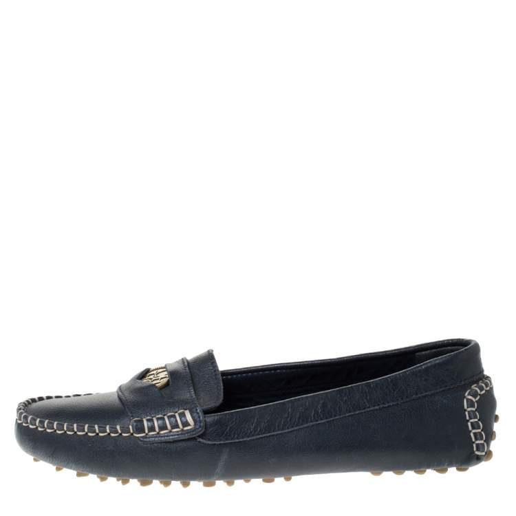 Pre Owned Carolina Herrera Navy Blue Leather Loafers Size 39