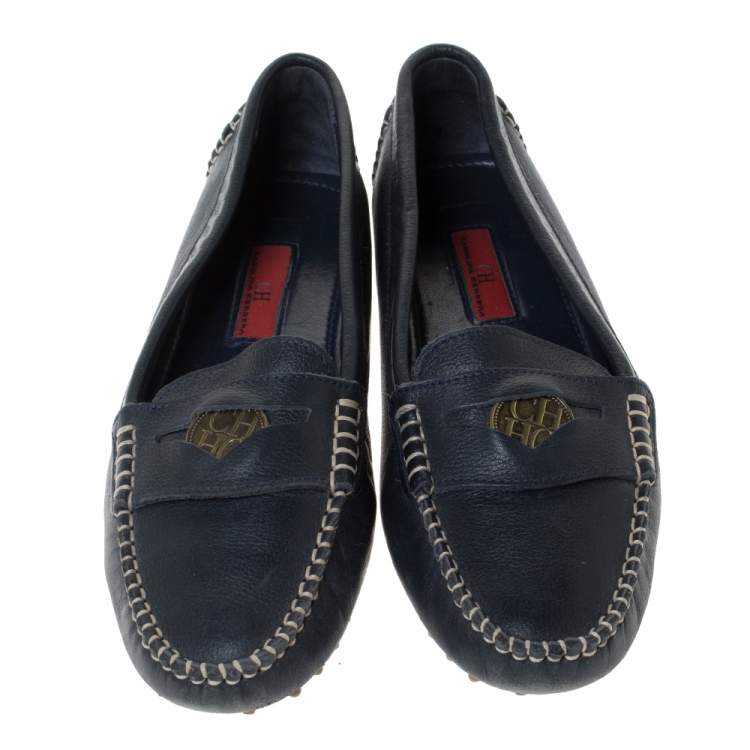 Pre Owned Carolina Herrera Navy Blue Leather Loafers Size 39