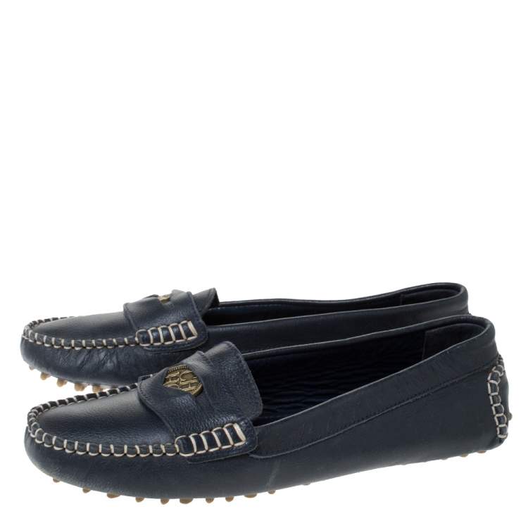 Pre Owned Carolina Herrera Navy Blue Leather Loafers Size 39