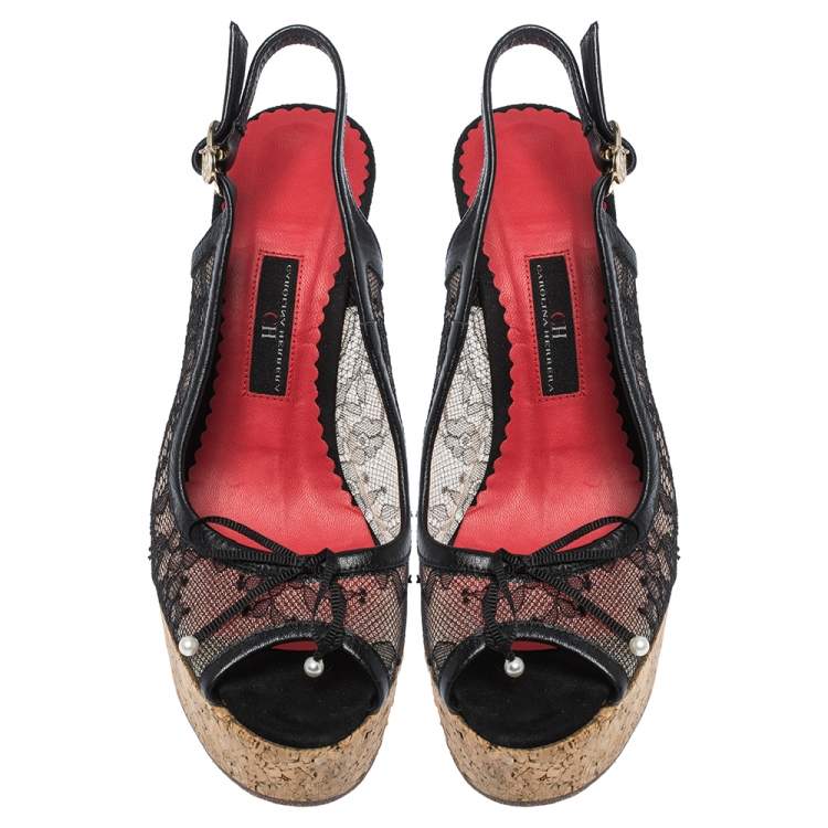 Pre Owned Carolina Herrera Black Lace And Leather Trim Peep Toe Cork Wedge Sandals Size 38
