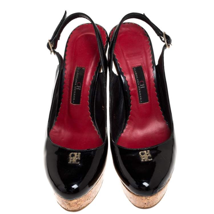 Pre Owned Carolina Herrera Black Patent Cork Wedge Platform Slingback Sandals Size 37