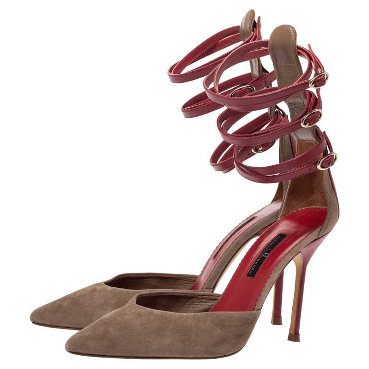 Pre Owned  Carolina Herrera Beige Suede And Red Leather Strappy Pointed Toe Pumps Size 38