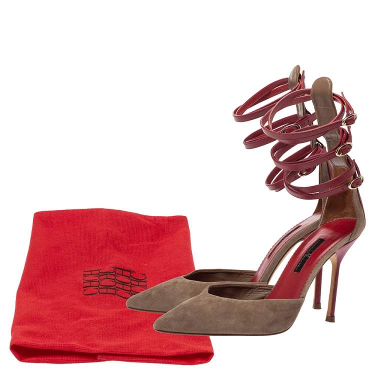 Pre Owned  Carolina Herrera Beige Suede And Red Leather Strappy Pointed Toe Pumps Size 38