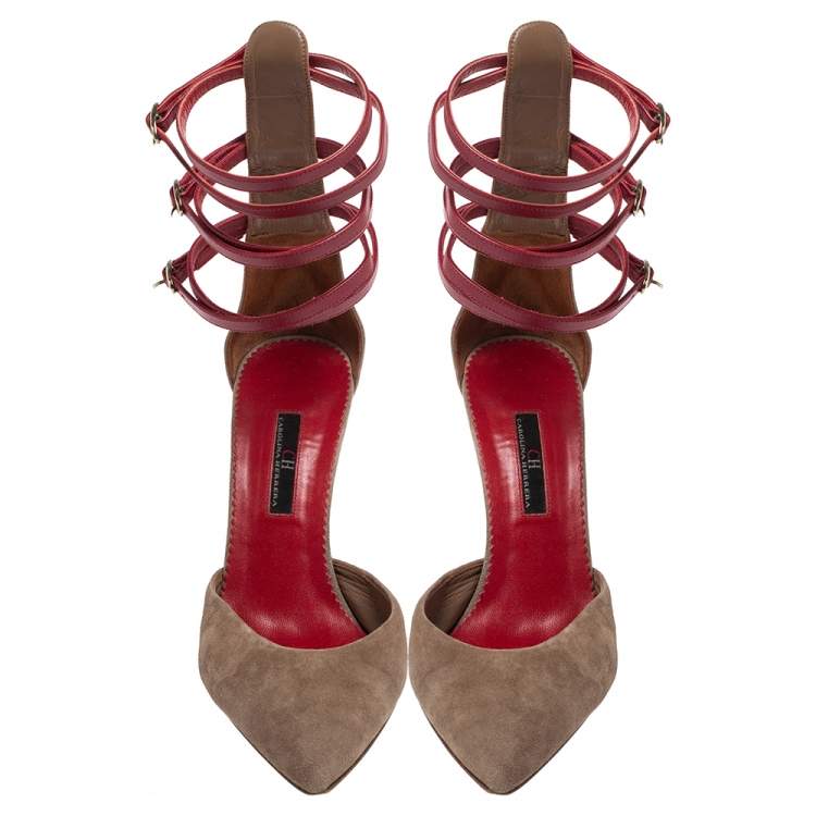 Pre Owned  Carolina Herrera Beige Suede And Red Leather Strappy Pointed Toe Pumps Size 38