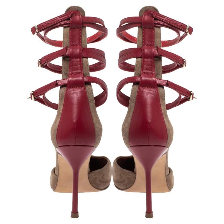 Pre Owned  Carolina Herrera Beige Suede And Red Leather Strappy Pointed Toe Pumps Size 38
