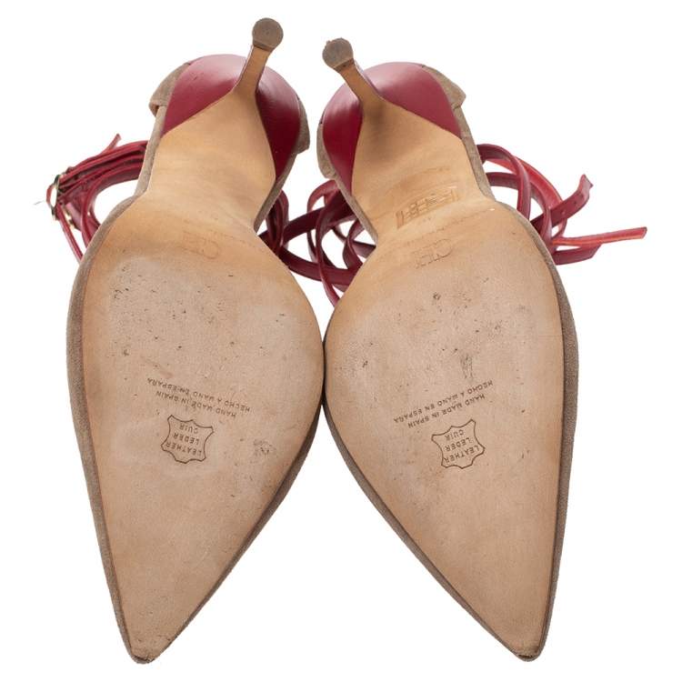 Pre Owned  Carolina Herrera Beige Suede And Red Leather Strappy Pointed Toe Pumps Size 38