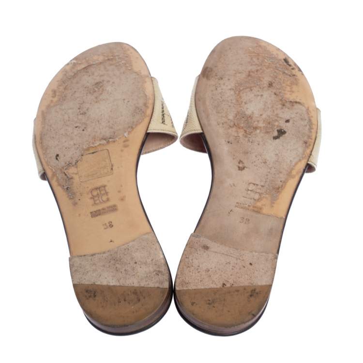 Pre Owned Carolina Herrera Brown CH Logo Coated Canvas Bow Detail Flat Slides Size 38