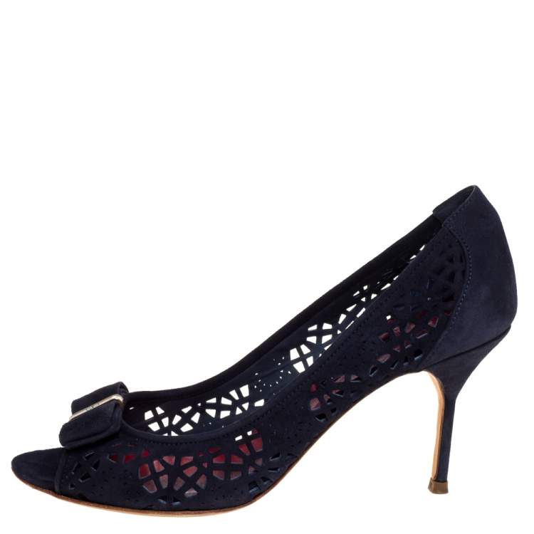 Pre Owned Carolina Herrera Blue Suede Lasercut Bow Peep Toe Pumps Size 40