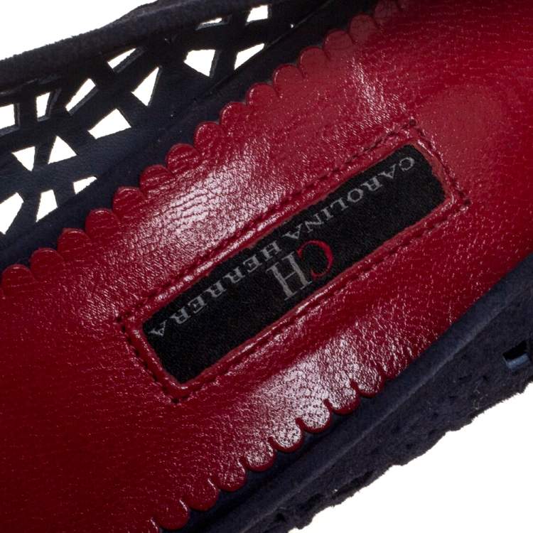 Pre Owned Carolina Herrera Blue Suede Lasercut Bow Peep Toe Pumps Size 40