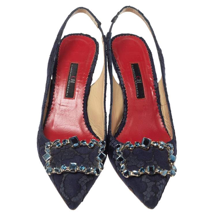 Pre Owned Carolina Herrera Blue Lace Pointed Toe Slingback Sandals Size 36