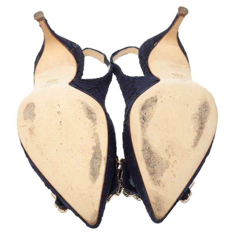 Pre Owned Carolina Herrera Blue Lace Pointed Toe Slingback Sandals Size 36