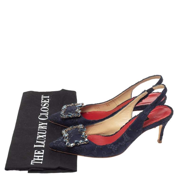 Pre Owned Carolina Herrera Blue Lace Pointed Toe Slingback Sandals Size 36