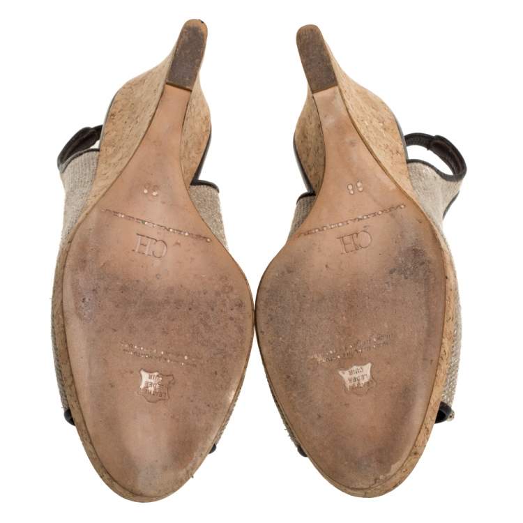 Pre Owned CH Carolina Herrera Beige Canvas And Leather Trim Bow Cork Wedge Slingback Sandals Size 38