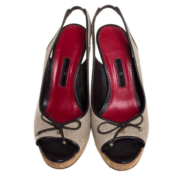 Pre Owned CH Carolina Herrera Beige Canvas And Leather Trim Bow Cork Wedge Slingback Sandals Size 38