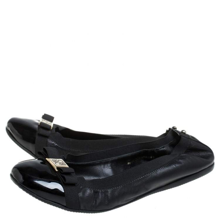 Pre Owned Carolina Herrera Black Patent Leather Bow Scrunch Ballet Flats Size 41
