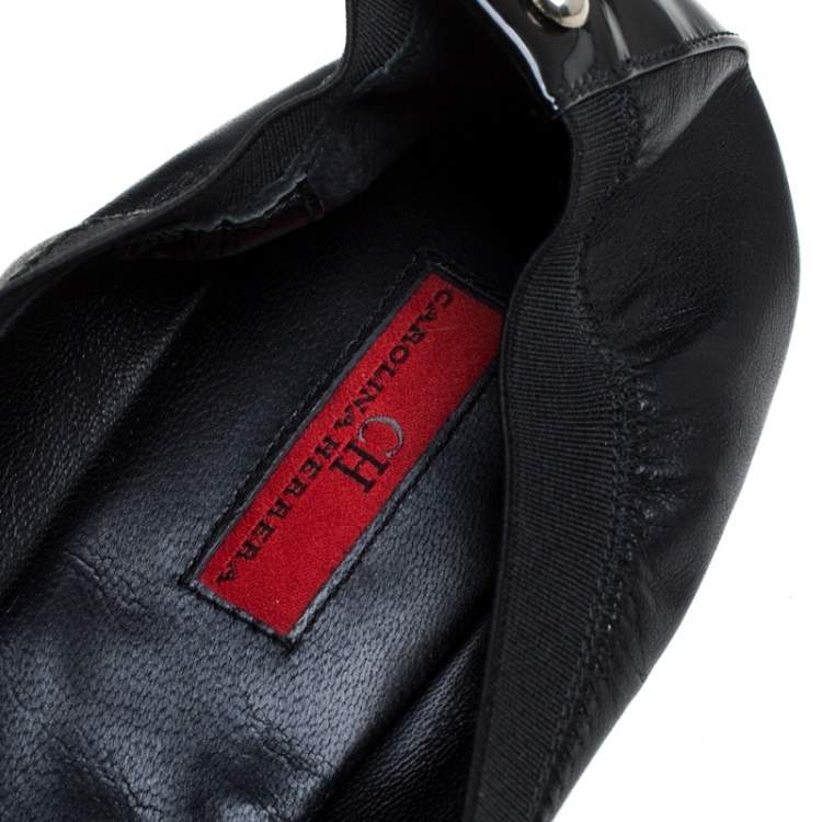 Pre Owned Carolina Herrera Black Patent Leather Bow Scrunch Ballet Flats Size 41