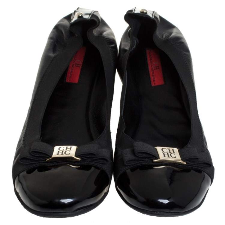 Pre Owned Carolina Herrera Black Patent Leather Bow Scrunch Ballet Flats Size 41