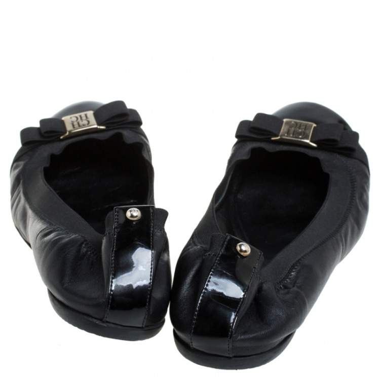 Pre Owned Carolina Herrera Black Patent Leather Bow Scrunch Ballet Flats Size 41