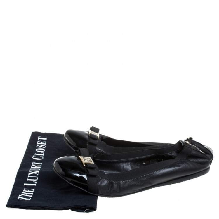 Pre Owned Carolina Herrera Black Patent Leather Bow Scrunch Ballet Flats Size 41