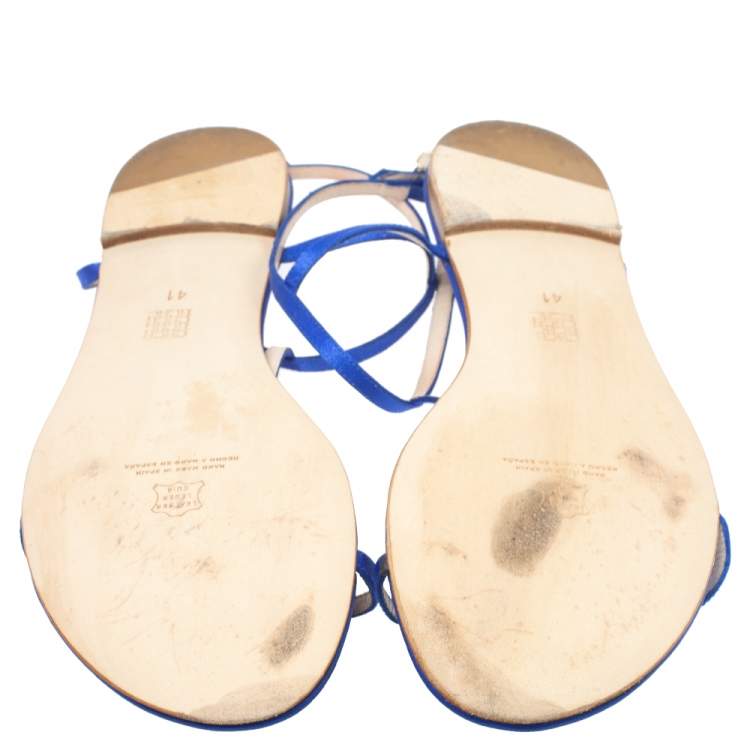 Pre Owned Carolina Herrera Blue Satin Pearl Logo T Strap Flat Sandals Size 41