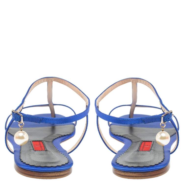 Pre Owned Carolina Herrera Blue Satin Pearl Logo T Strap Flat Sandals Size 41