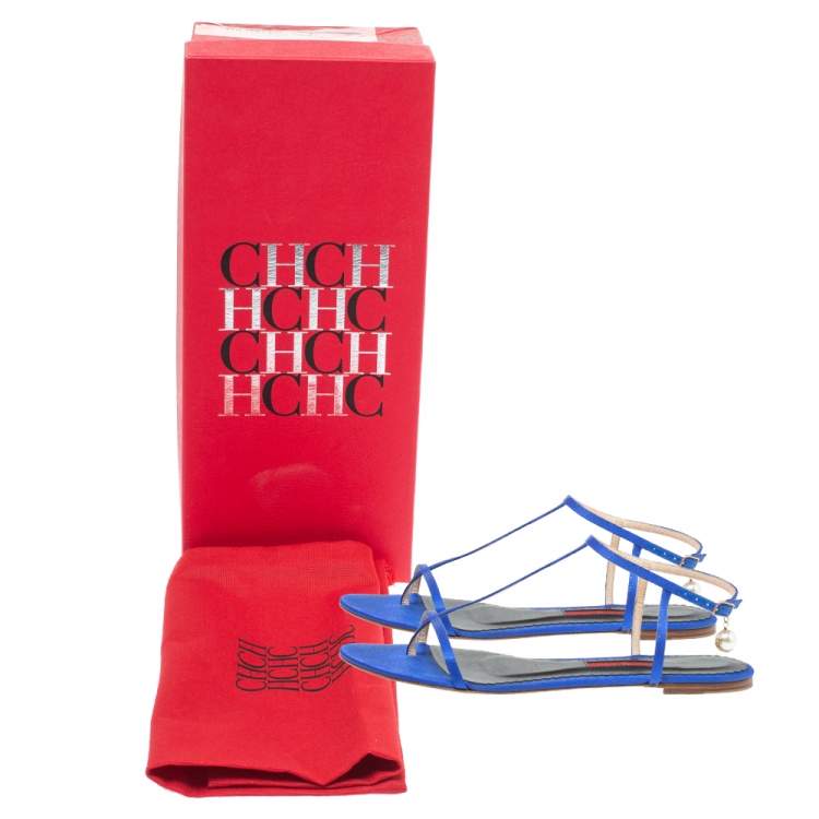 Pre Owned Carolina Herrera Blue Satin Pearl Logo T Strap Flat Sandals Size 41