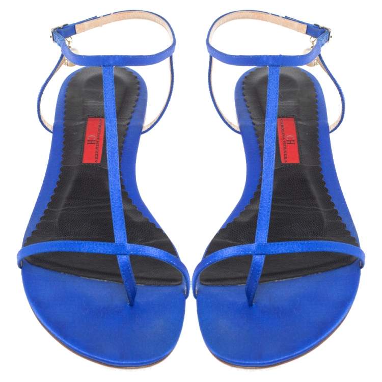 Pre Owned Carolina Herrera Blue Satin Pearl Logo T Strap Flat Sandals Size 41