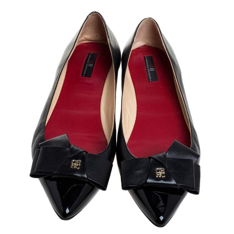 Pre Owned Carolina Herrera Black Leather Bow Ballet Flats Size 38