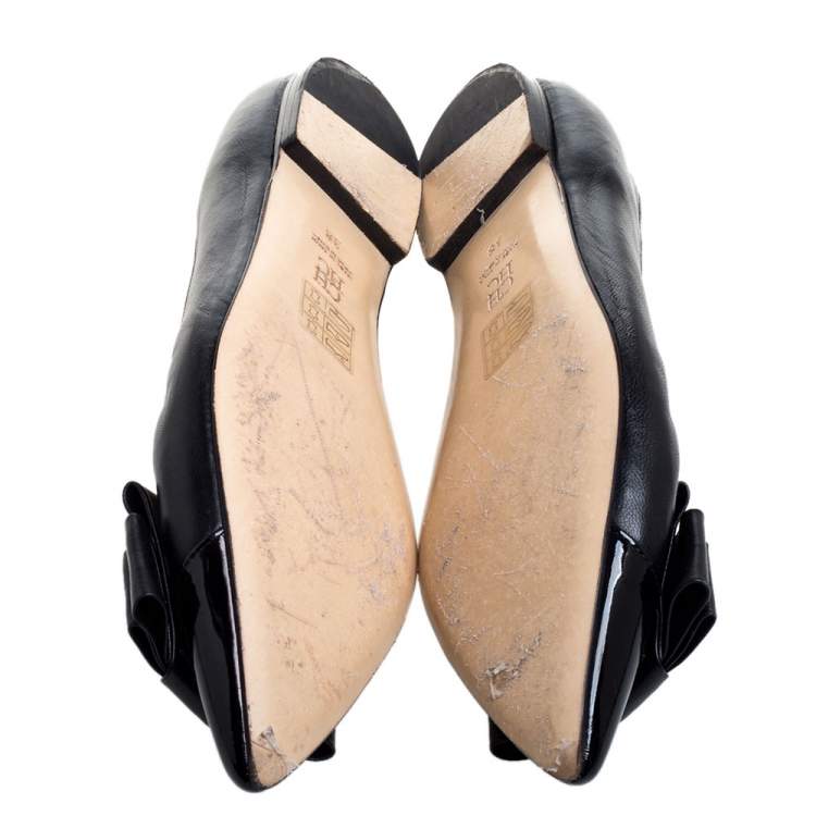 Pre Owned Carolina Herrera Black Leather Bow Ballet Flats Size 38