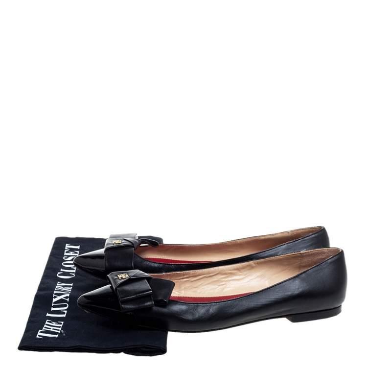 Pre Owned Carolina Herrera Black Leather Bow Ballet Flats Size 38