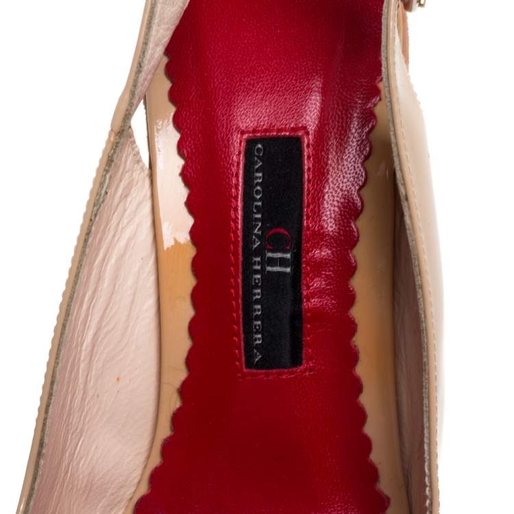 Pre Owned Carolina Herrera Beige Patent Leather Cork Wedge Platform Peep Toe Slingback Sandals Size 38