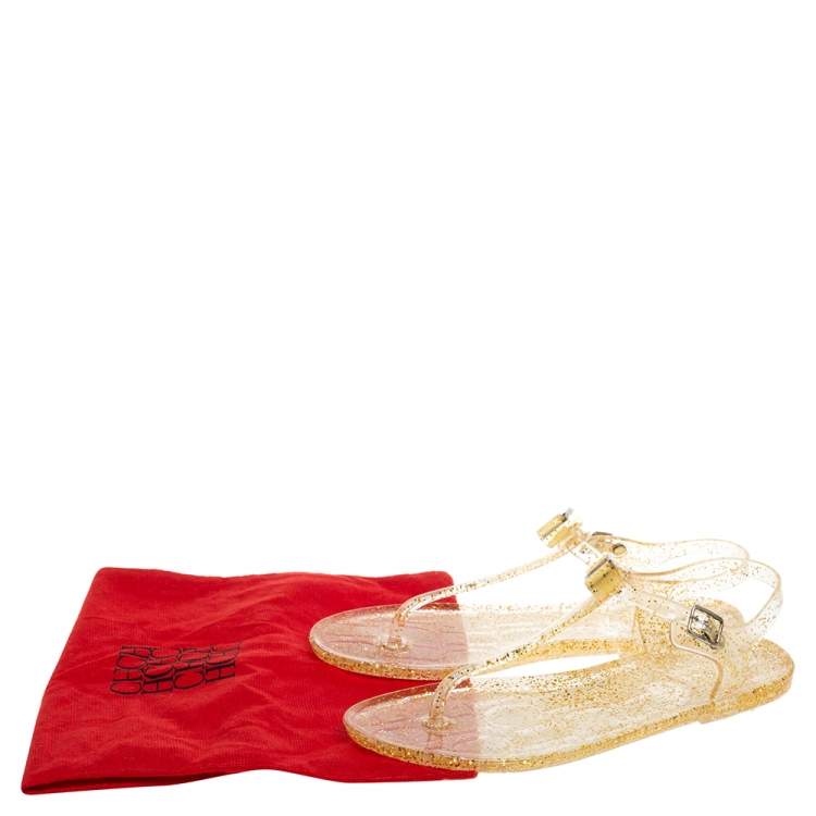 Pre Owned Carolina Herrera Gold Jelly Thong Sandals