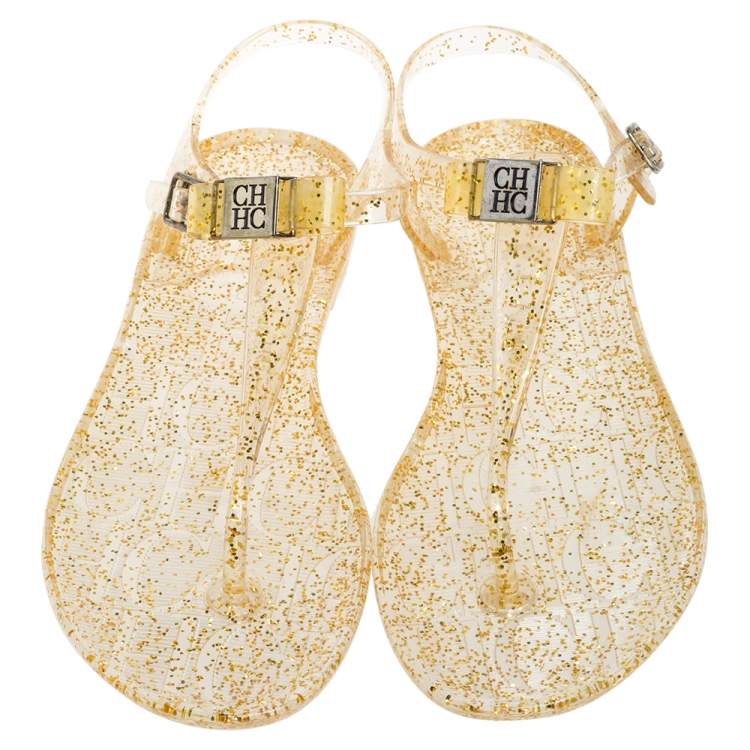 Pre Owned Carolina Herrera Gold Jelly Thong Sandals