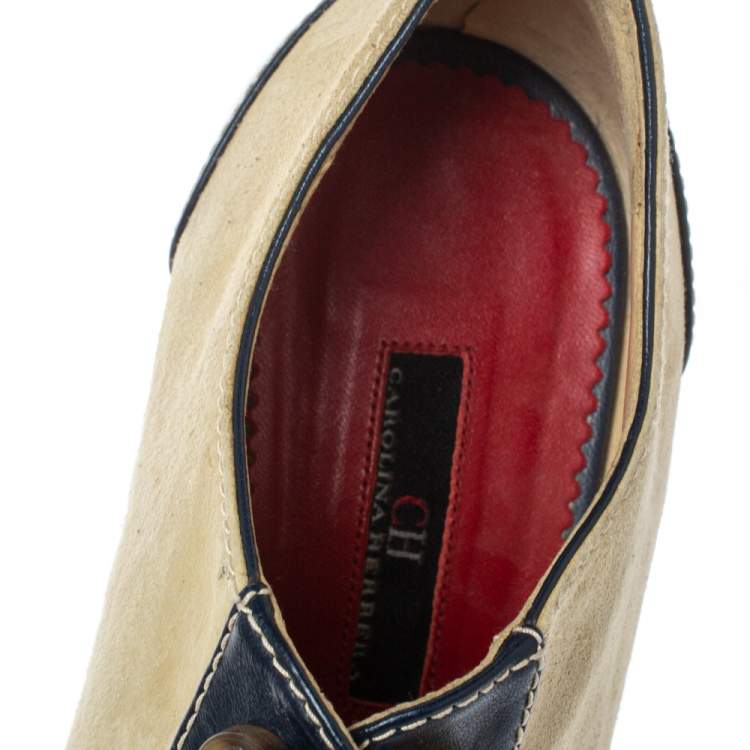 Pre Owned CH Carolina Herrera Light Beige Suede and Leather Booties Size 38