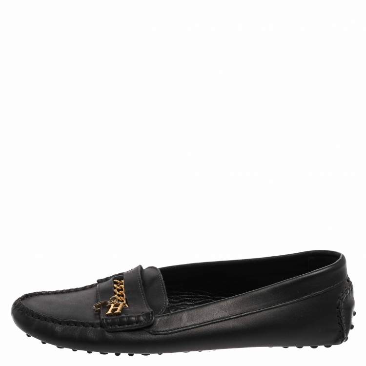 Pre Owned Carolina Herrera Navy Blue Leather Logo Chain Loafers Size 41