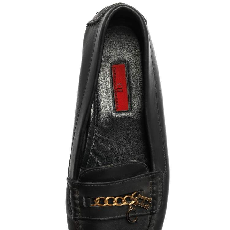 Pre Owned Carolina Herrera Navy Blue Leather Logo Chain Loafers Size 41